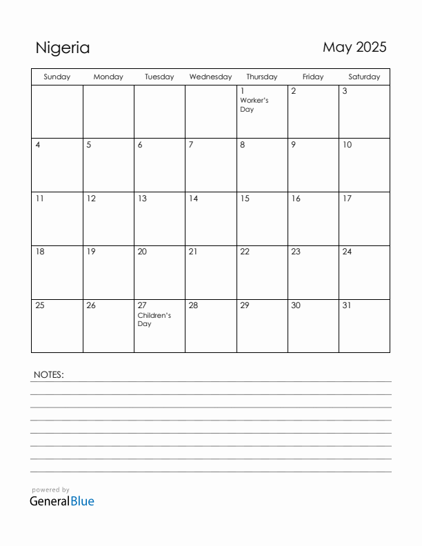 May 2025 Nigeria Calendar with Holidays (Sunday Start)
