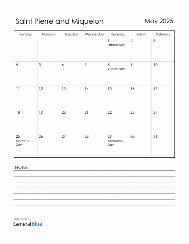 May 2025 Saint Pierre and Miquelon Calendar with Holidays (Sunday Start)
