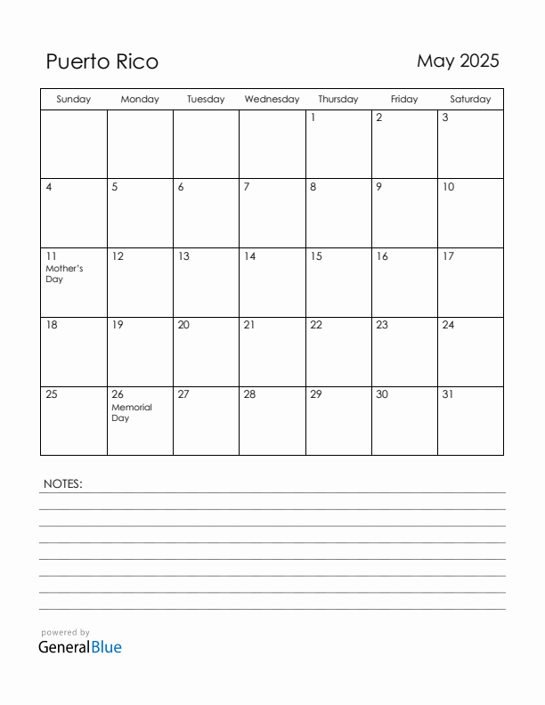 May 2025 Puerto Rico Calendar with Holidays (Sunday Start)