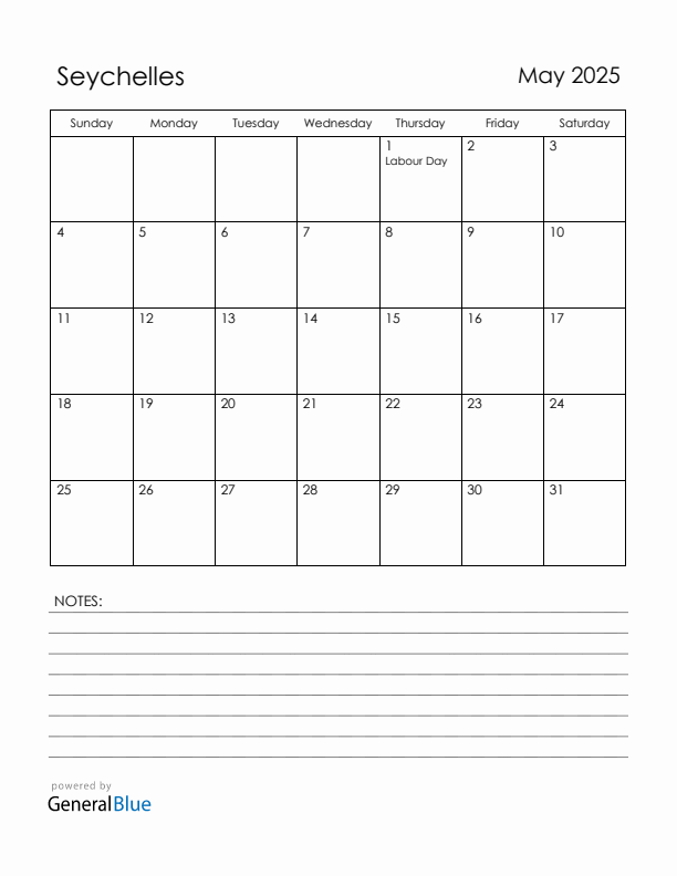 May 2025 Seychelles Calendar with Holidays (Sunday Start)