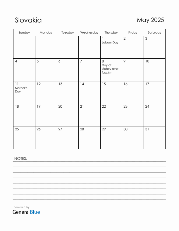 May 2025 Slovakia Calendar with Holidays (Sunday Start)