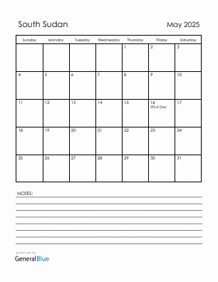 Current month calendar with South Sudan holidays for May 2025