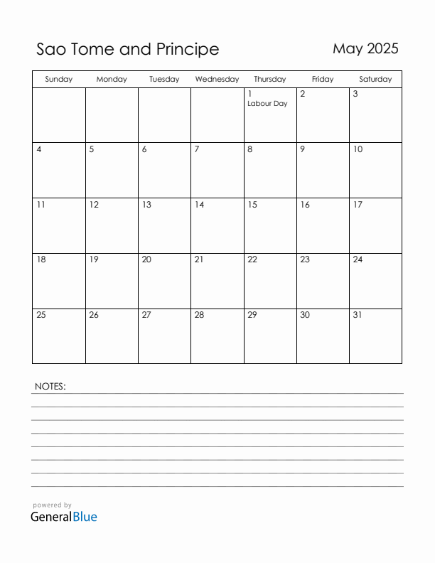 May 2025 Sao Tome and Principe Calendar with Holidays (Sunday Start)