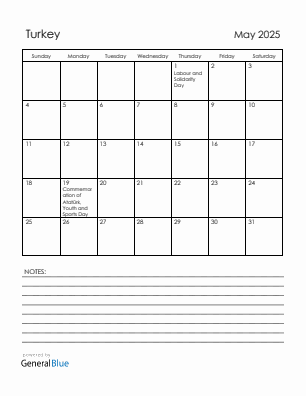 Current month calendar with Turkey holidays for May 2025