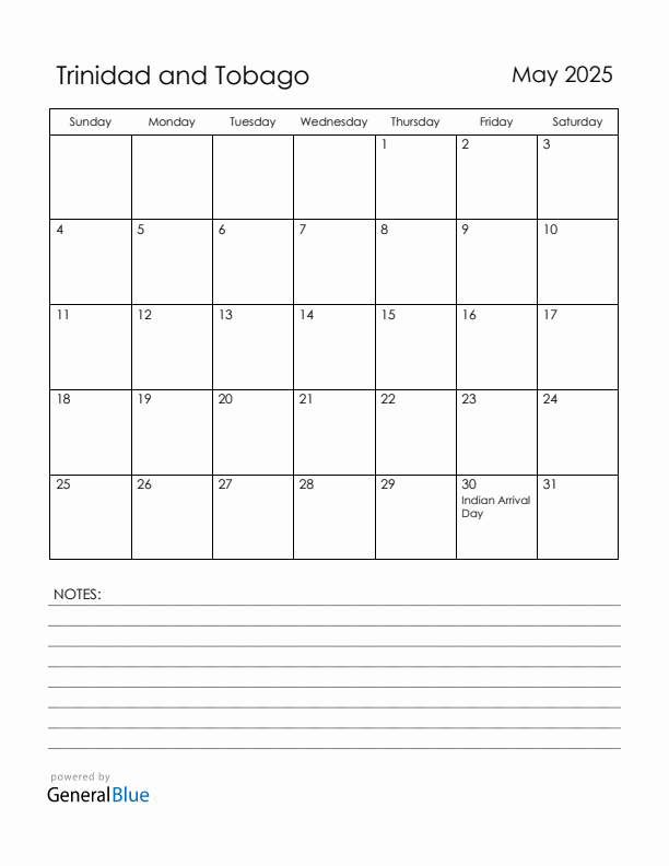 May 2025 Trinidad and Tobago Calendar with Holidays (Sunday Start)