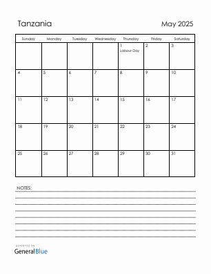 Current month calendar with Tanzania holidays for May 2025