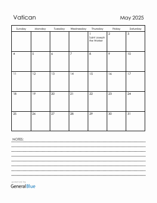 Current month calendar with Vatican holidays for May 2025