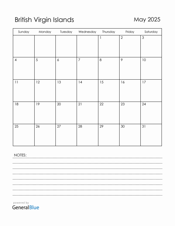 May 2025 British Virgin Islands Calendar with Holidays (Sunday Start)