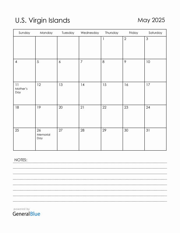 May 2025 U.S. Virgin Islands Calendar with Holidays (Sunday Start)