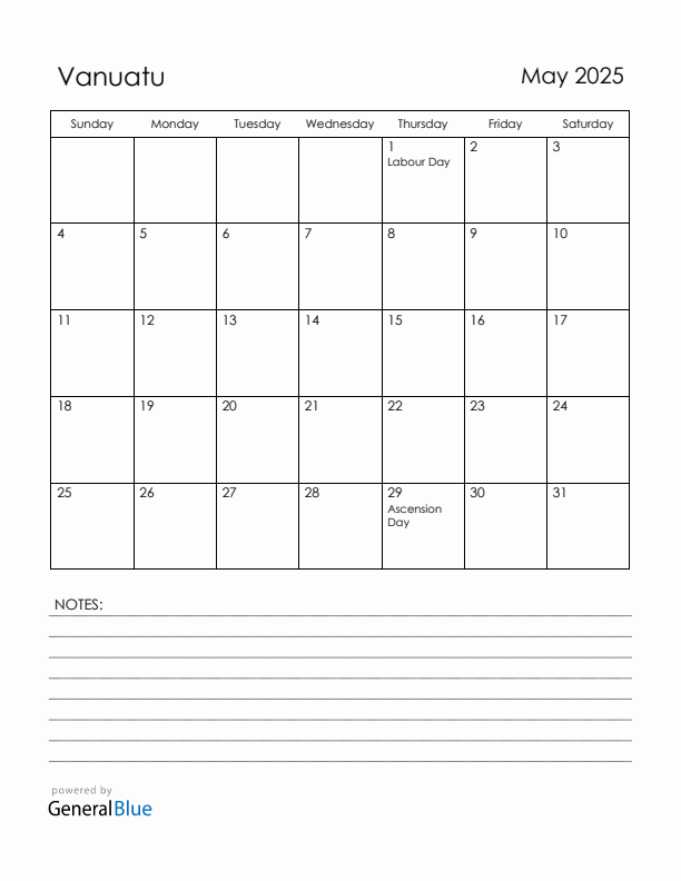 May 2025 Vanuatu Calendar with Holidays (Sunday Start)