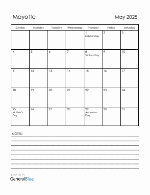 Current month calendar with Mayotte holidays for May 2025