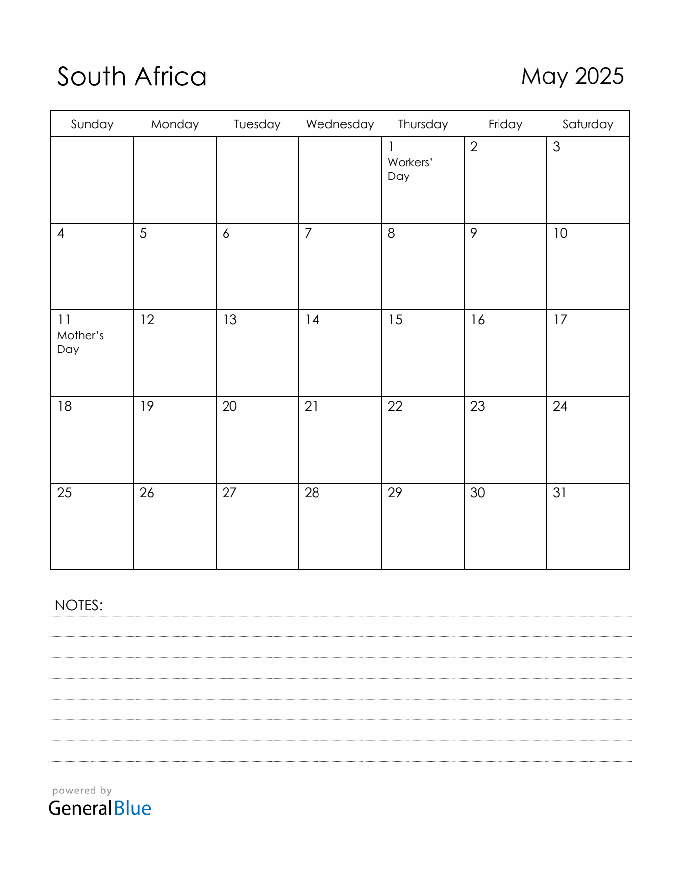May 2025 South Africa Calendar with Holidays (Sunday Start)