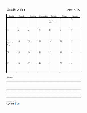 Current month calendar with South Africa holidays for May 2025