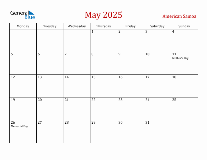 American Samoa May 2025 Calendar - Monday Start