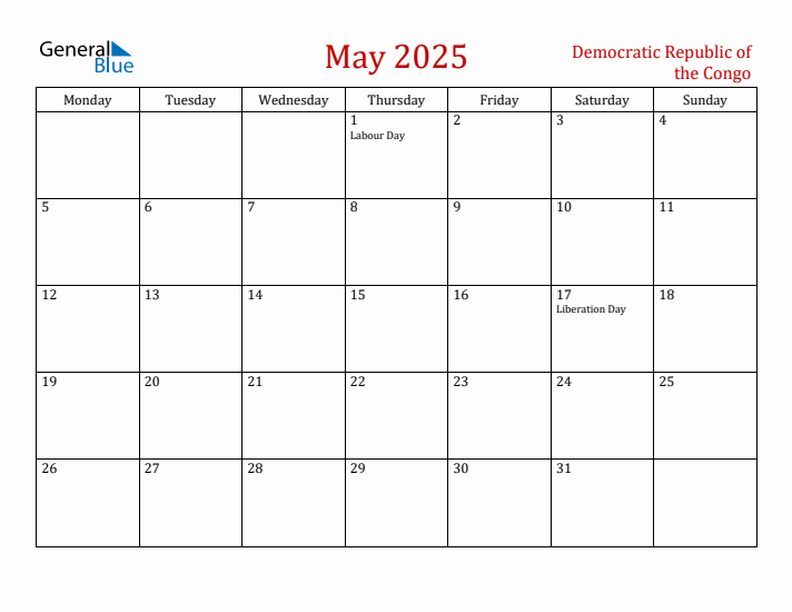 Democratic Republic of the Congo May 2025 Calendar - Monday Start