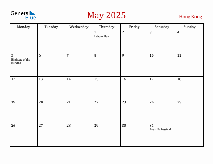 Hong Kong May 2025 Calendar - Monday Start