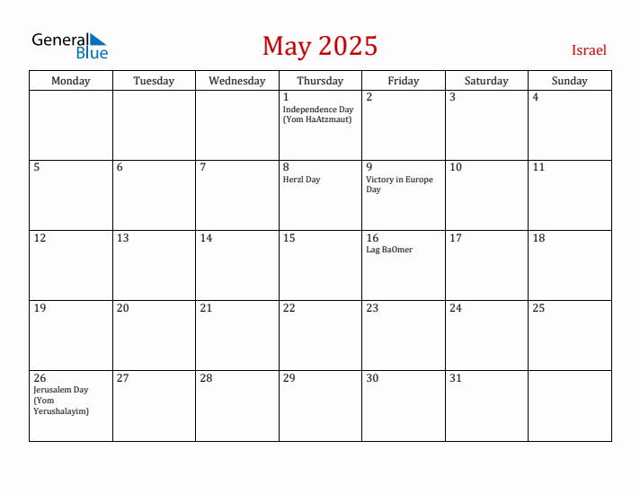 Israel May 2025 Calendar - Monday Start