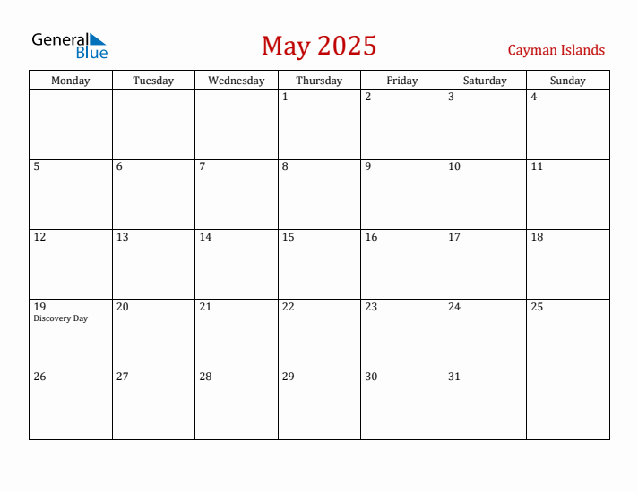 Cayman Islands May 2025 Calendar - Monday Start