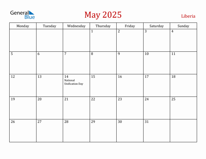 Liberia May 2025 Calendar - Monday Start