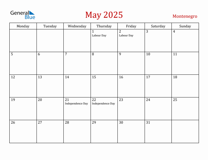 Montenegro May 2025 Calendar - Monday Start