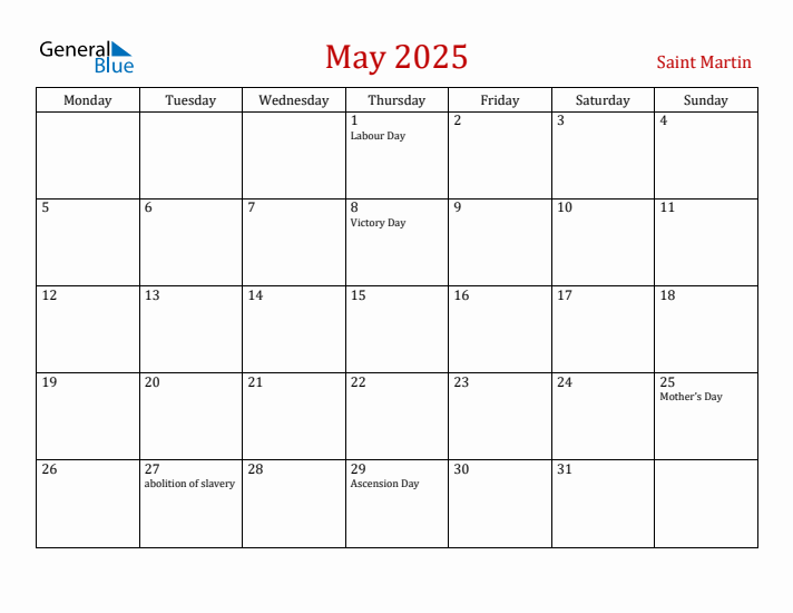 Saint Martin May 2025 Calendar - Monday Start