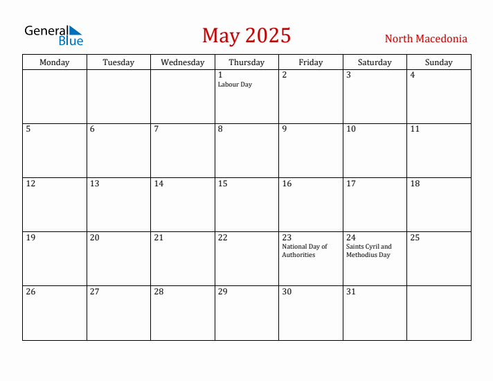 North Macedonia May 2025 Calendar - Monday Start