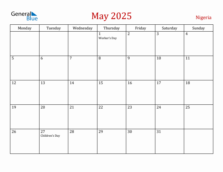 Nigeria May 2025 Calendar - Monday Start
