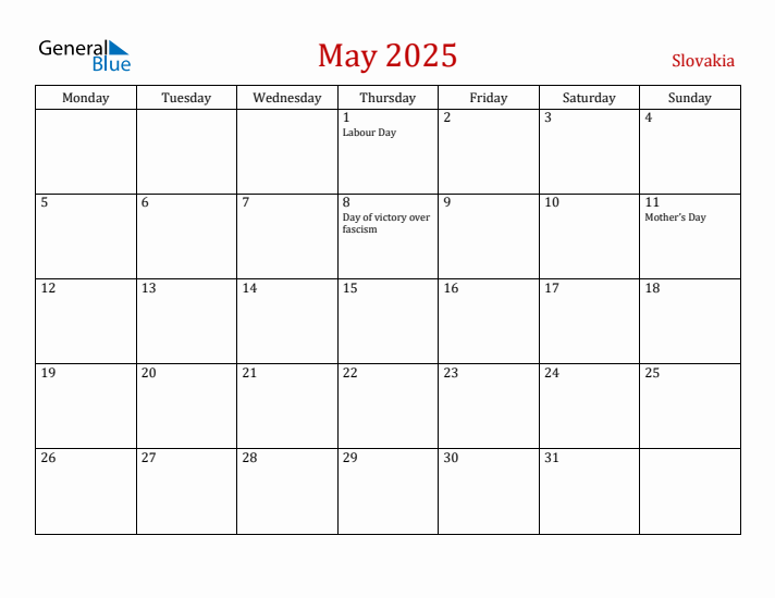 Slovakia May 2025 Calendar - Monday Start