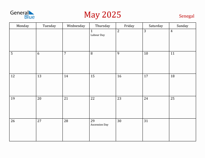 Senegal May 2025 Calendar - Monday Start