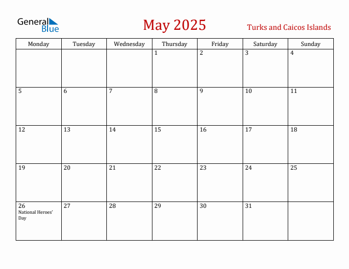 Turks and Caicos Islands May 2025 Calendar - Monday Start