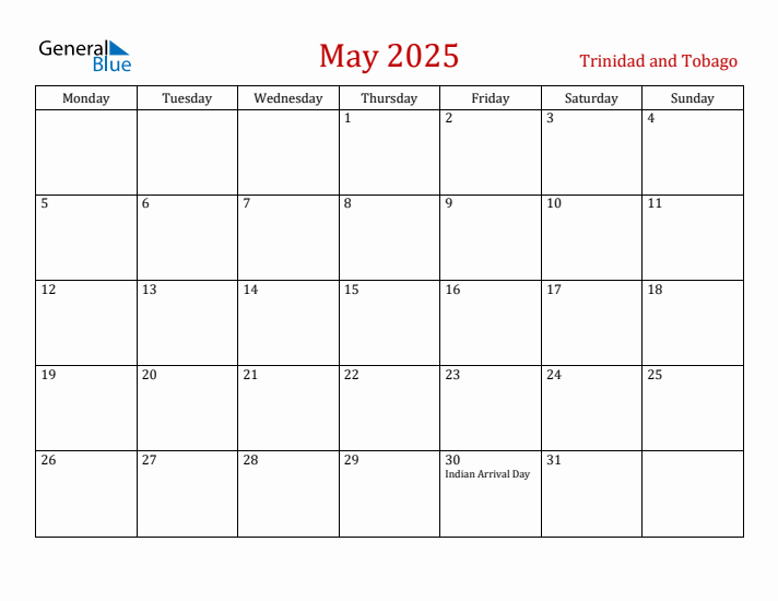 Trinidad and Tobago May 2025 Calendar - Monday Start