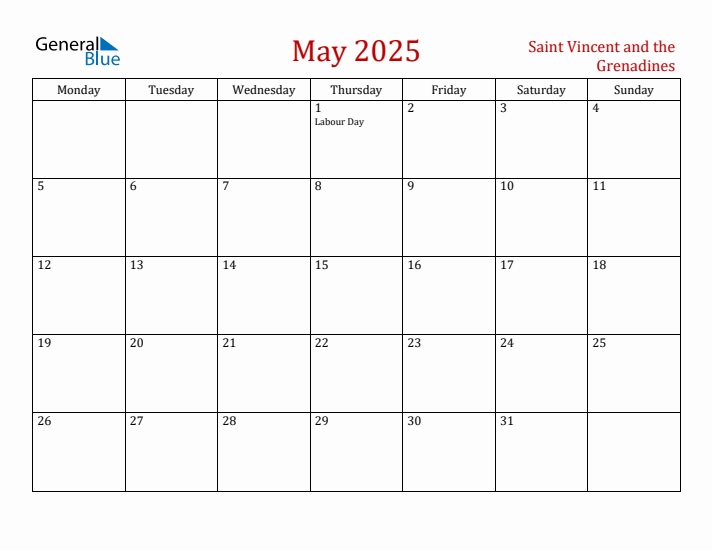 Saint Vincent and the Grenadines May 2025 Calendar - Monday Start
