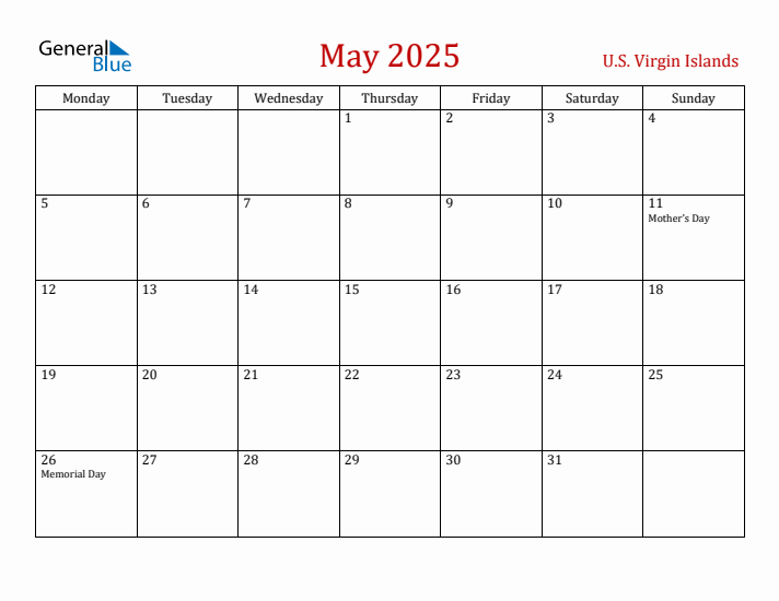 U.S. Virgin Islands May 2025 Calendar - Monday Start