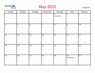 Current month calendar with Anguilla holidays for May 2025