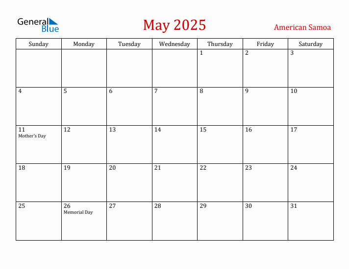 American Samoa May 2025 Calendar - Sunday Start