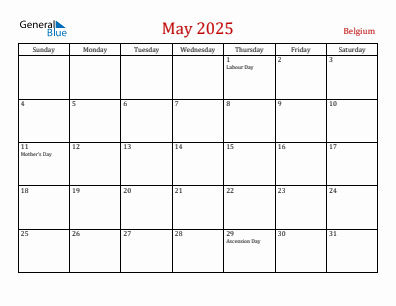 Current month calendar with Belgium holidays for May 2025