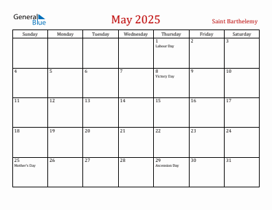 Current month calendar with Saint Barthelemy holidays for May 2025