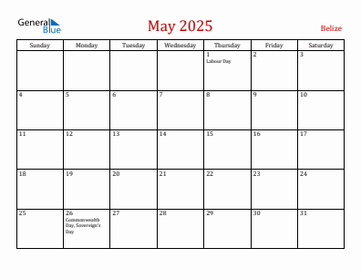 Current month calendar with Belize holidays for May 2025