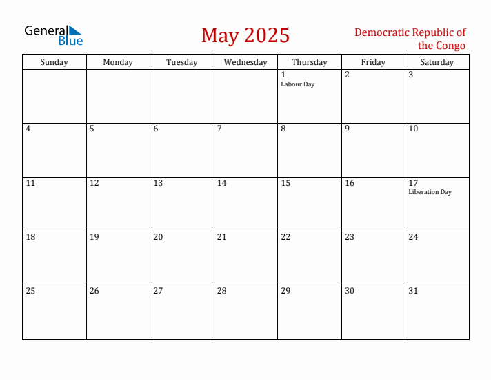 Democratic Republic of the Congo May 2025 Calendar - Sunday Start