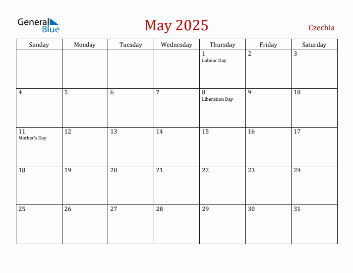 Czechia May 2025 Calendar - Sunday Start