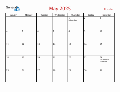 Current month calendar with Ecuador holidays for May 2025