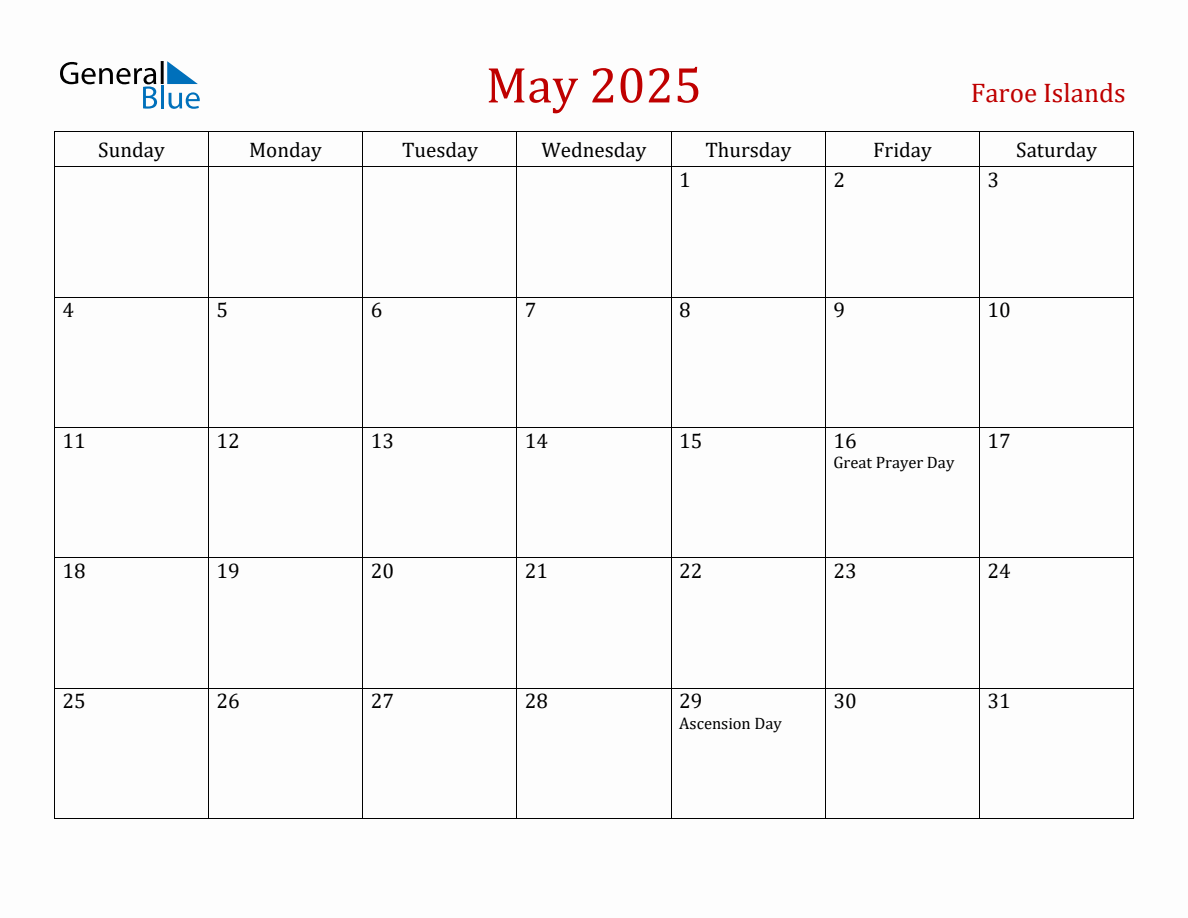May 2025 Faroe Islands Monthly Calendar with Holidays
