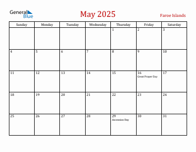 Current month calendar with Faroe Islands holidays for May 2025