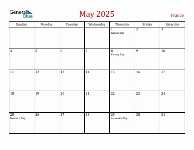Current month calendar with France holidays for May 2025