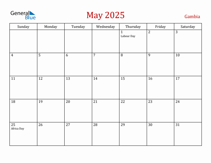 Gambia May 2025 Calendar - Sunday Start