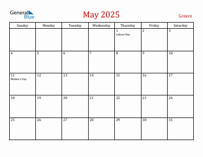 Current month calendar with Greece holidays for May 2025