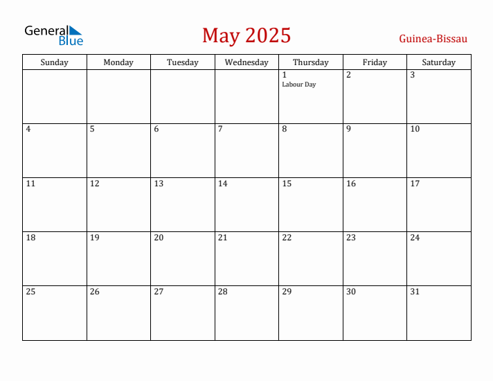 Guinea-Bissau May 2025 Calendar - Sunday Start