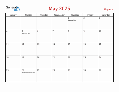 Current month calendar with Guyana holidays for May 2025