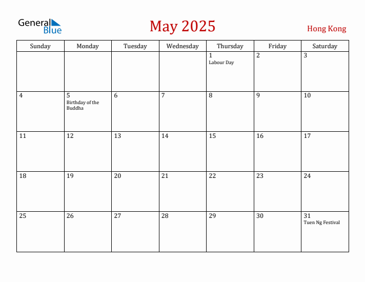Hong Kong May 2025 Calendar - Sunday Start