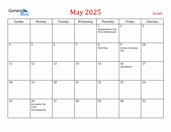 Israel May 2025 Calendar - Sunday Start